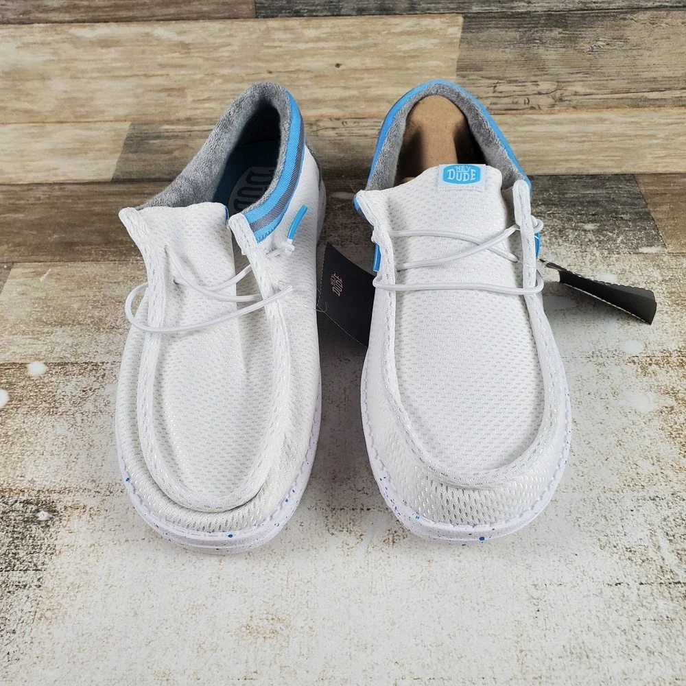 Hey Dude Wally Varsity Jersey Mens Loafer Shoe Sz 9 White Blue Round Toe Slip On